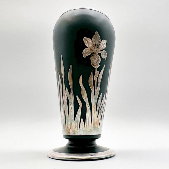 Vintage Black Satin Glass Vase with Sterling Silver Iris Overlay Art Deco Style - Picture 6 of 13